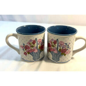 Floral Basket Savannah 1988 Coffee Mug Set 2 Blue Interior Cottage Garden Style